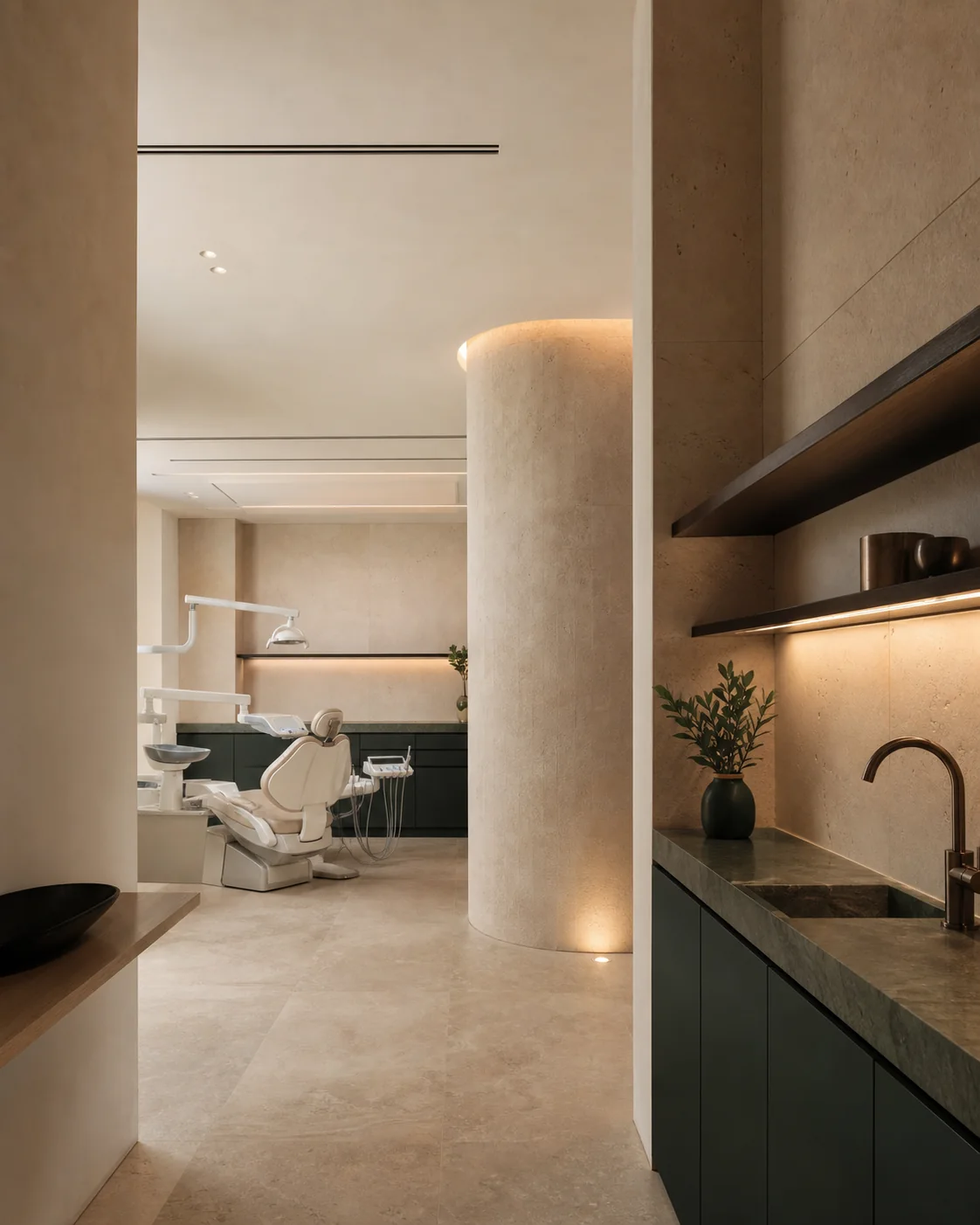 Visualización conceptual de un estudio dental sereno con acabados minerales