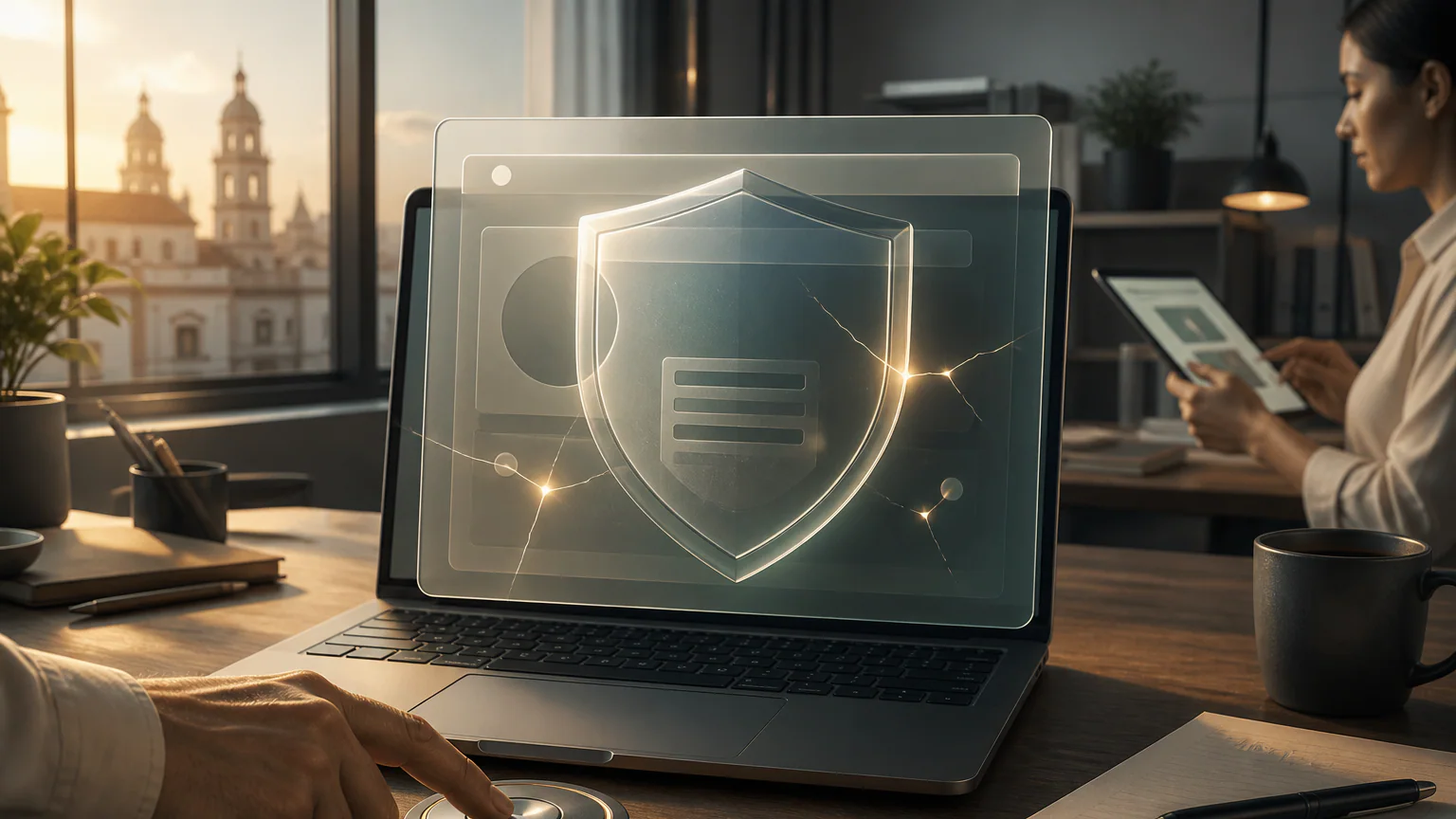 Persona de una pyme revisa en una laptop la actualización de seguridad del navegador representada por un escudo de cristal