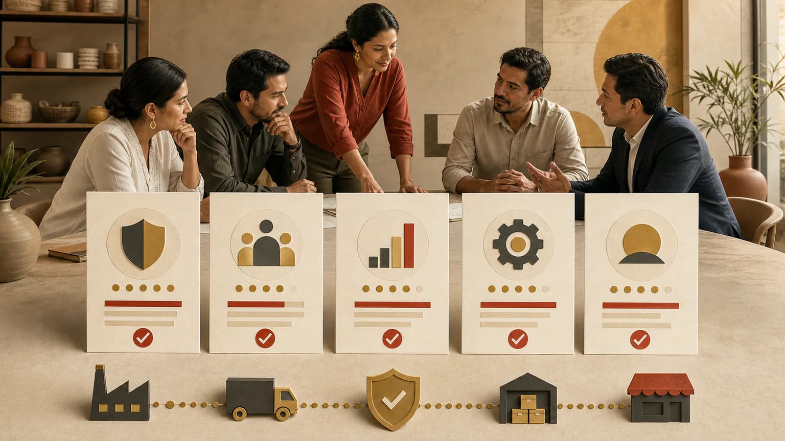 Equipo de una pyme comparando cinco tarjetas de evaluación para elegir un proveedor tecnológico