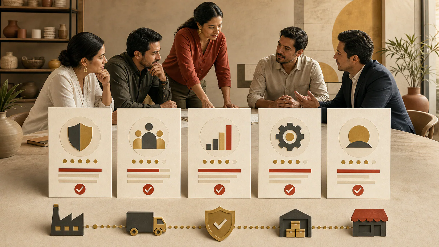 Equipo de una pyme comparando cinco tarjetas de evaluación para elegir un proveedor tecnológico
