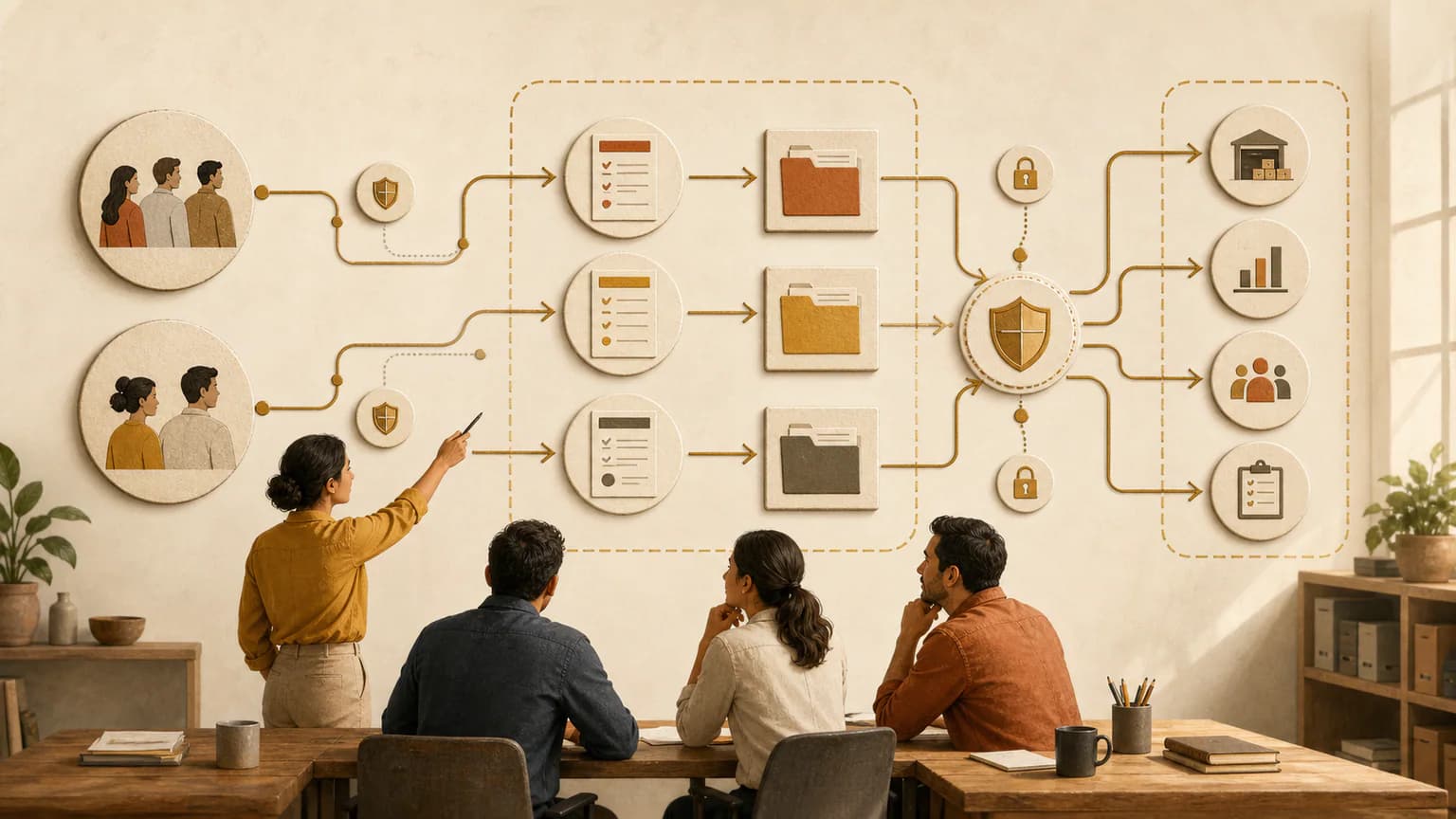 Mapa visual del recorrido de datos entre clientes, empleados y sistemas de una pyme
