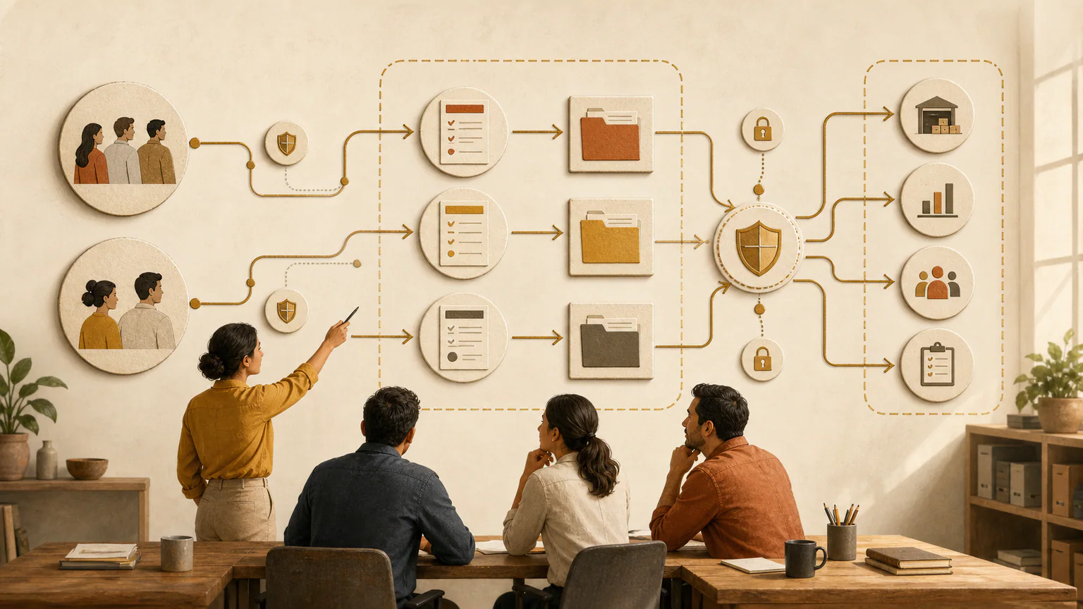 Mapa visual del recorrido de datos entre clientes, empleados y sistemas de una pyme