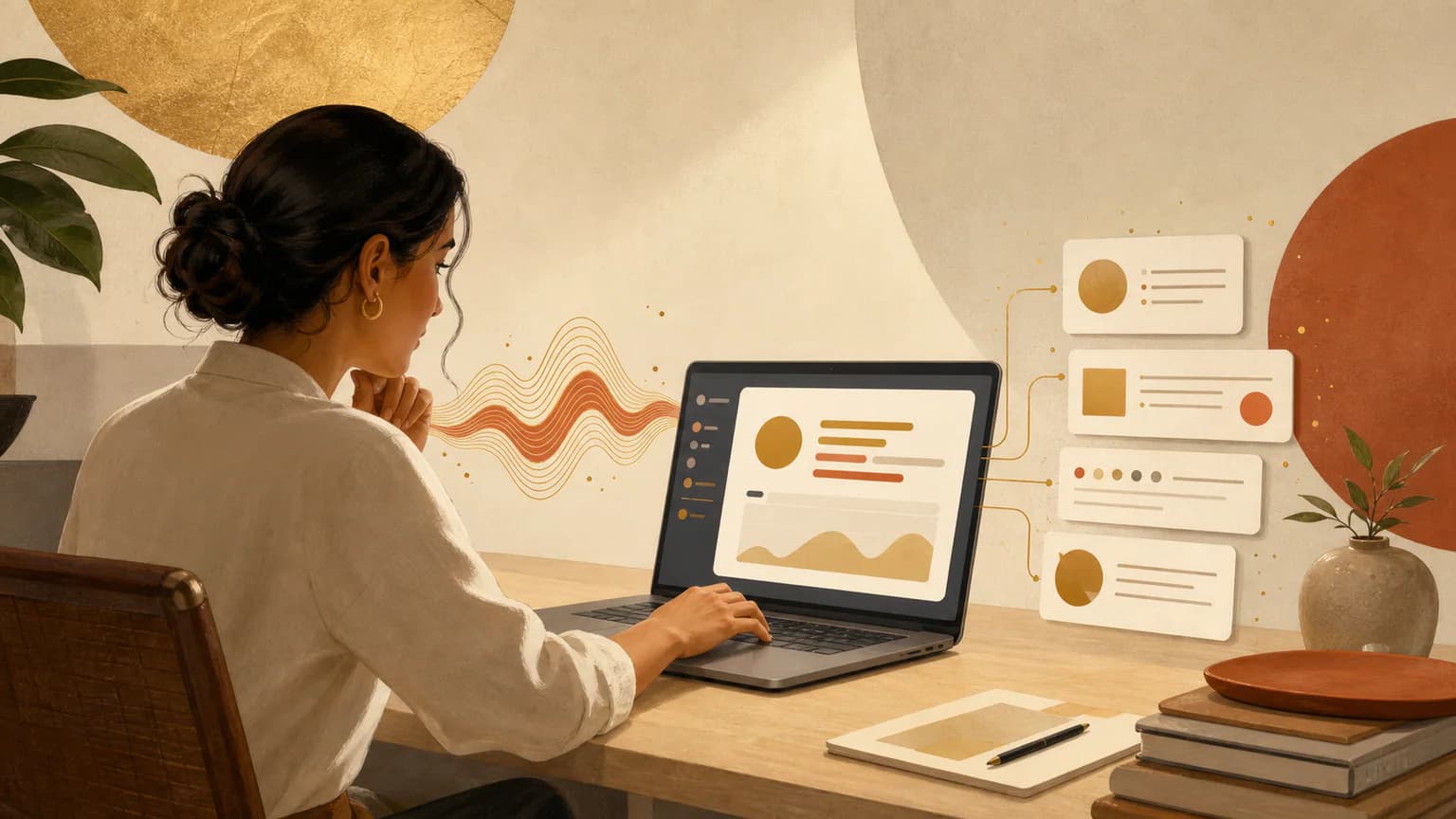 Dueña de una pyme revisando en una laptop el resumen visual de una llamada de trabajo