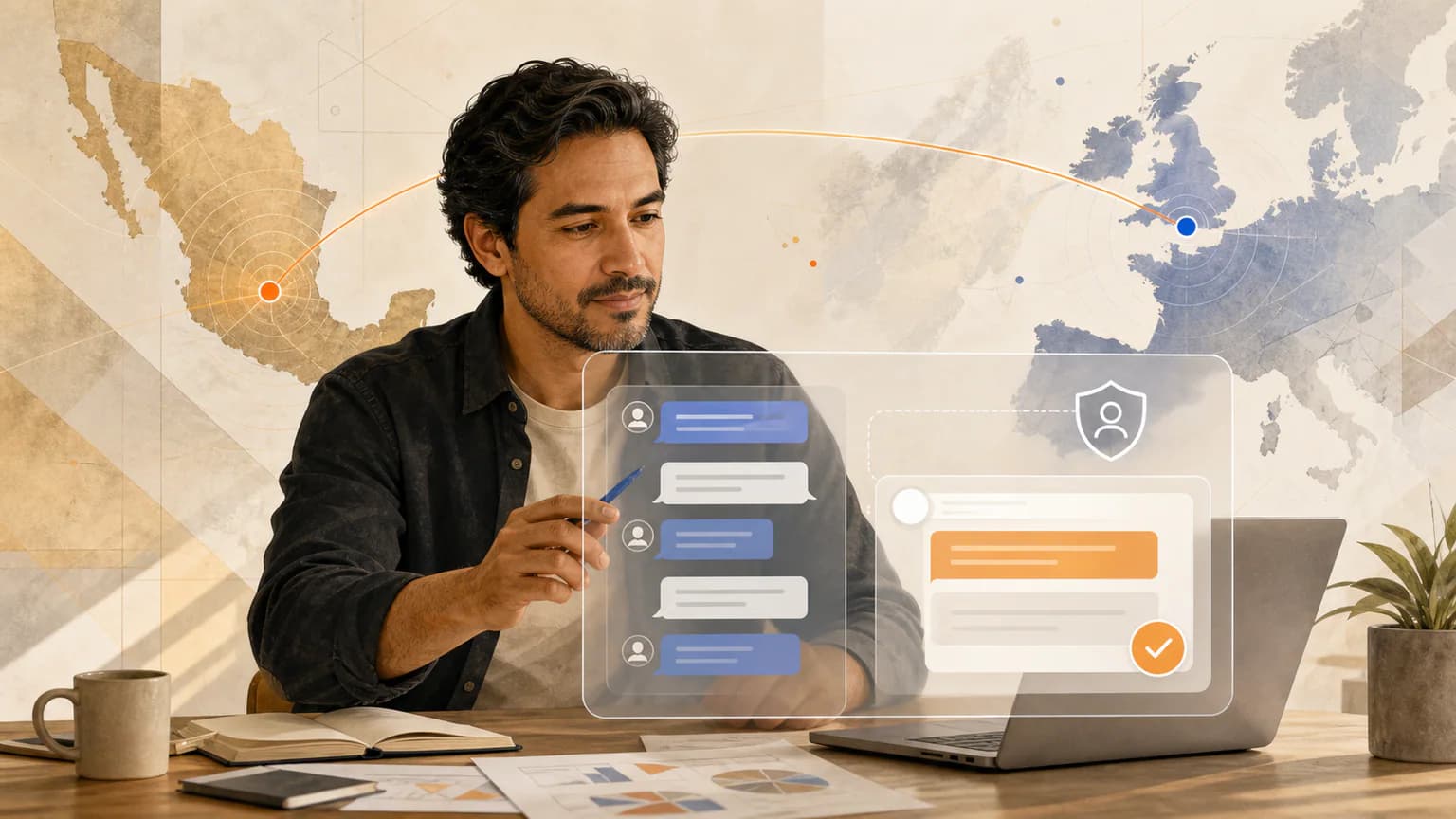 Equipo de una pyme mexicana revisa avisos de transparencia para un chatbot y contenido digital dirigido a Europa
