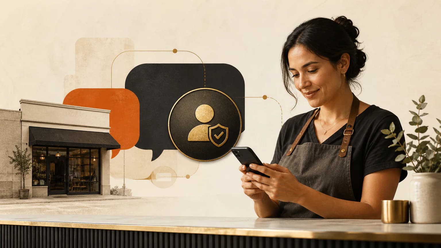 Dueña de una pyme reservando en su teléfono un nombre de usuario para el canal de WhatsApp del negocio